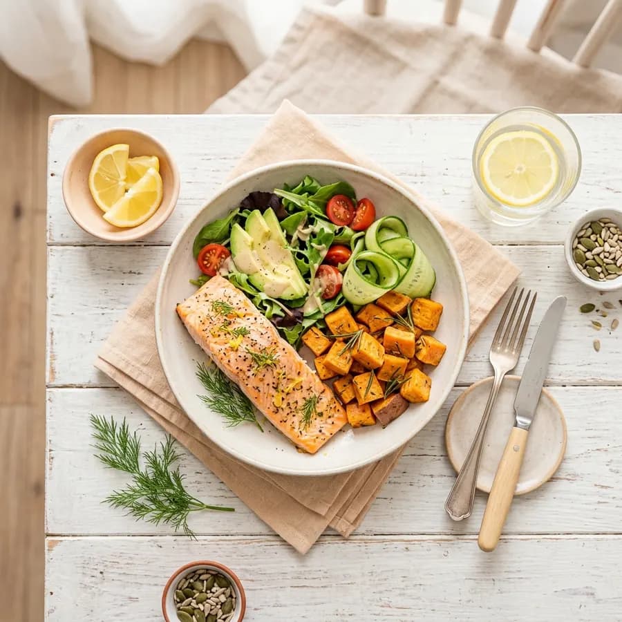 Pavé de saumon, patate douce rôtie et salade, une assiette riche en oméga-3