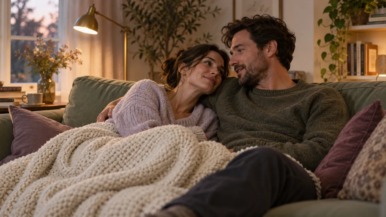 Le soir, dans un salon, une femme est assise tout contre son compagnon sur un canapé vert sauge, sous un plaid crème, la tête posée sur son épaule, tous deux calmes
