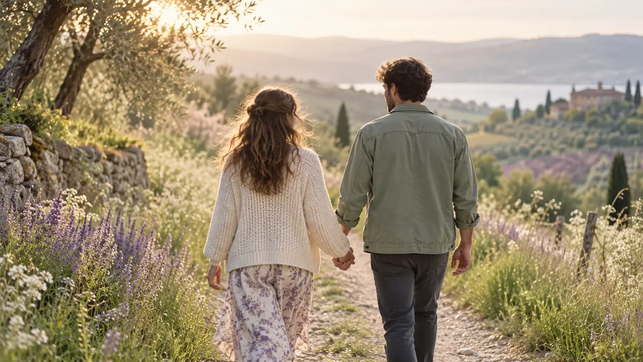 Une femme et son compagnon marchent main dans la main sur un chemin de campagne au printemps, de dos, dans une lumière douce