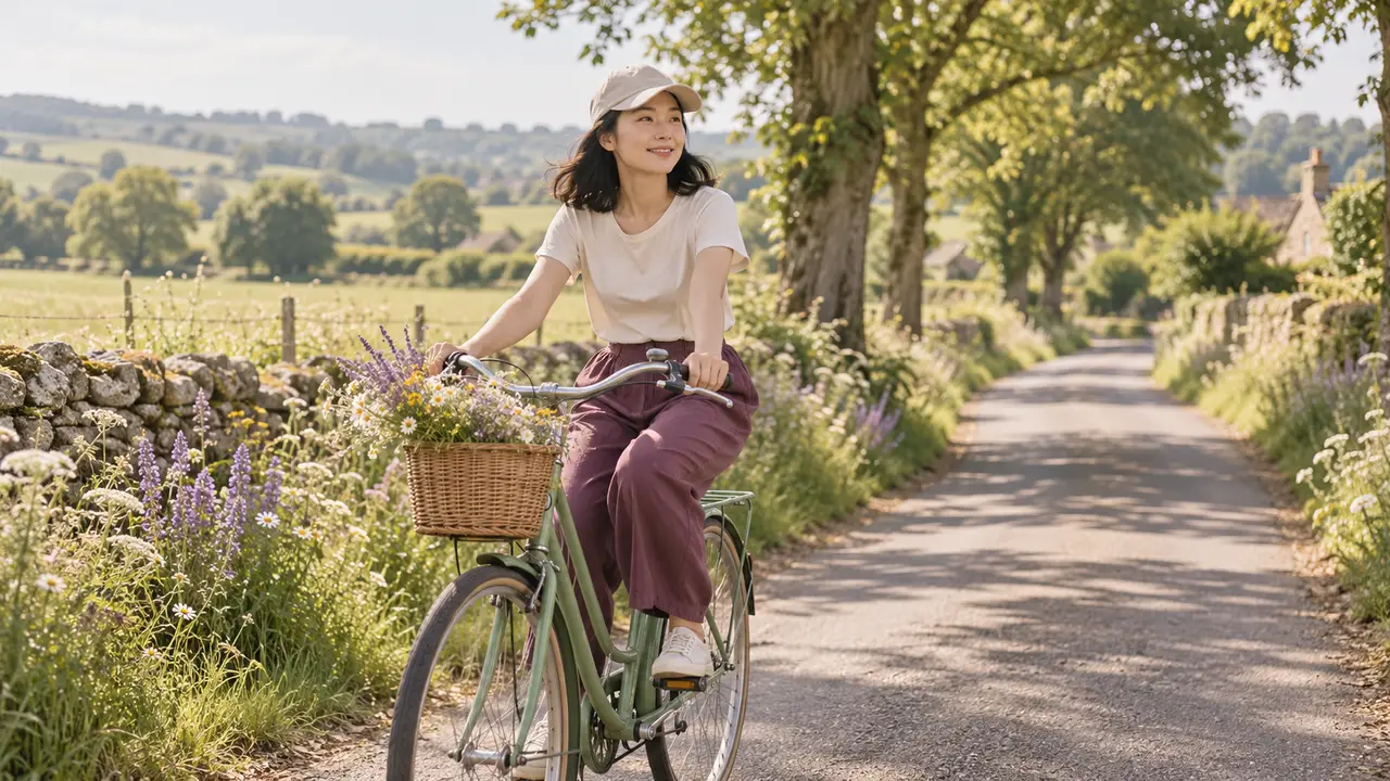 Un matin de début d'été, une femme d'une vingtaine d'années d'origine est-asiatique, casquette crème et pantalon prune, roule tranquillement à vélo sur un chemin de campagne bordé d'arbres et de fleurs des champs, un panier de fleurs à l'avant