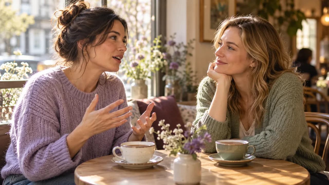 Deux amies discutent à une petite table ronde en bois près de la vitrine d'un café, l'une parle, l'autre l'écoute le menton dans la main, deux tasses de thé entre elles