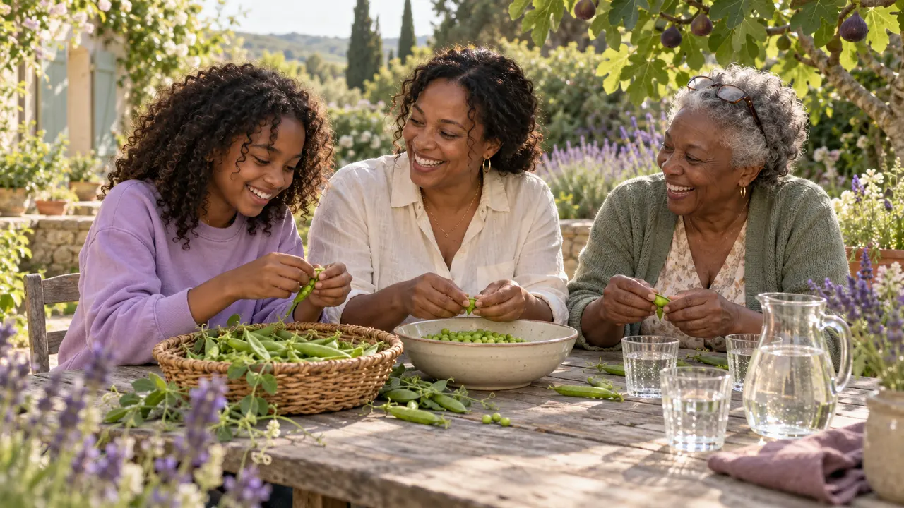 Trois femmes de trois générations écossent des petits pois autour d'une table de jardin en bois à la fin du printemps : une adolescente aux cheveux bouclés, sa mère d'une quarantaine d'années et sa grand-mère aux cheveux gris, un panier et un pichet d'eau entre elles