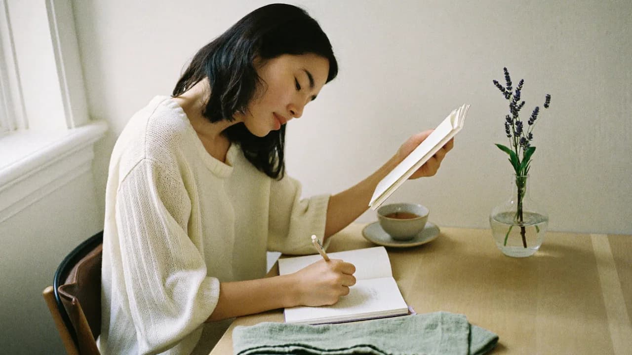Une femme assise à une table de cuisine près d'une fenêtre écrit dans un carnet, un livret ouvert dans l'autre main, une tasse de thé et un brin de lavande à côté d'elle