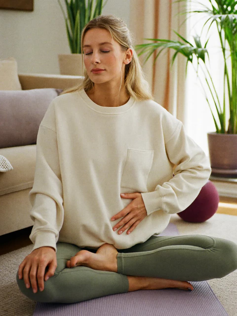 Une femme en posture de l'enfant sur un tapis de yoga, dans un salon calme et lumineux