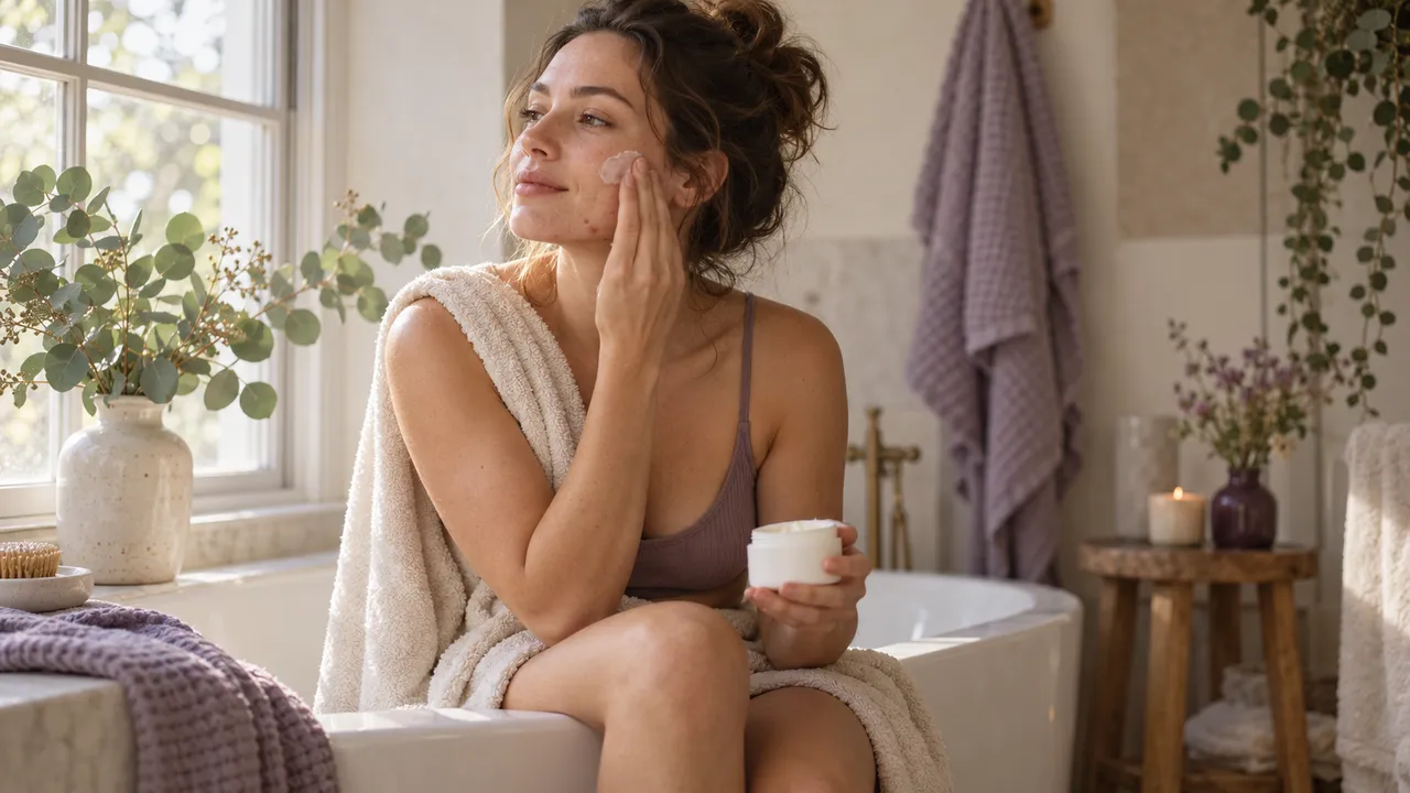Une femme assise au bord d'une baignoire, près d'une fenêtre, applique un peu de crème sur sa joue du bout des doigts, un pot blanc sans étiquette dans l'autre main