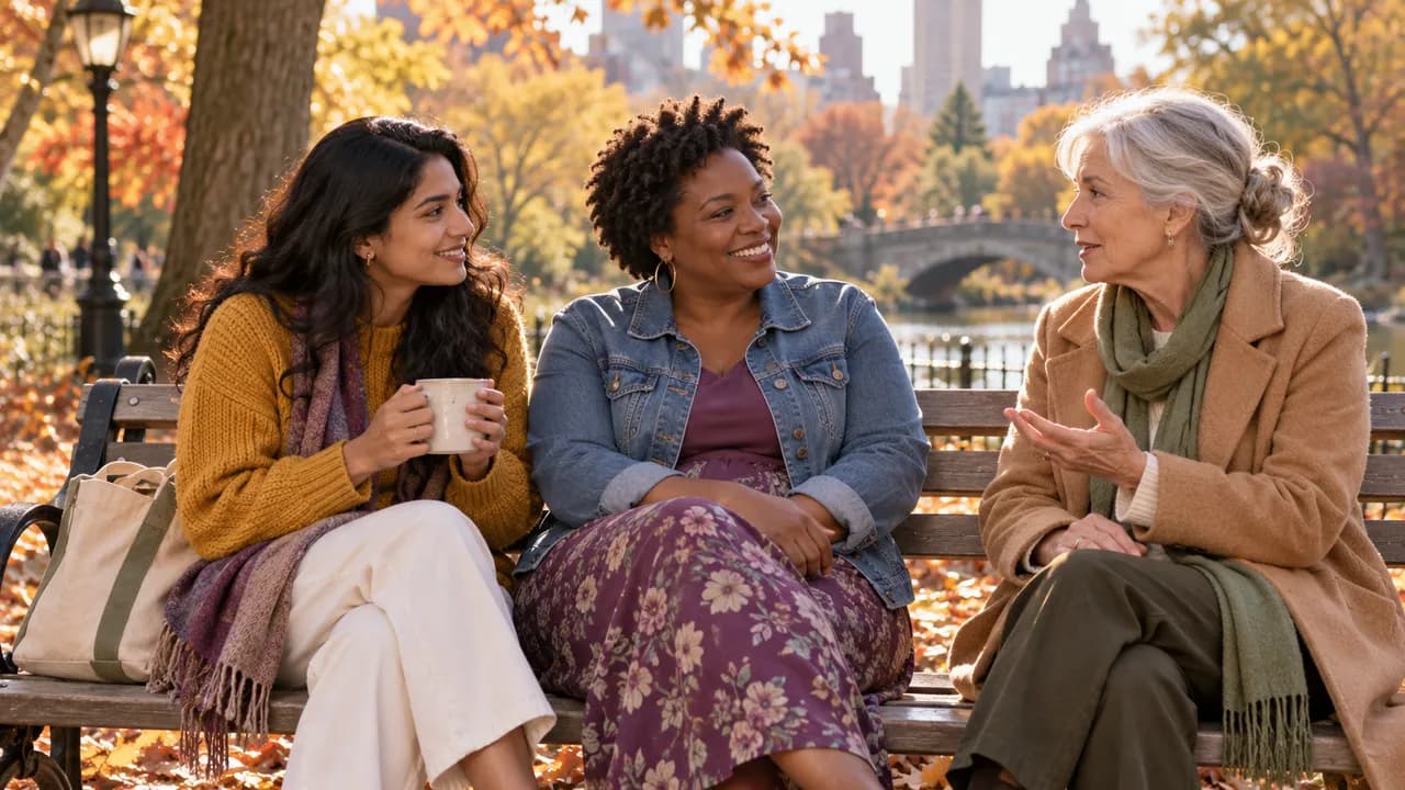 Trois femmes d'âges et d'origines différents assises sur un banc de parc en automne, en pleine conversation, l'une tient une tasse fumante entre ses mains et une autre sourit, dans la lumière douce de fin d'après-midi