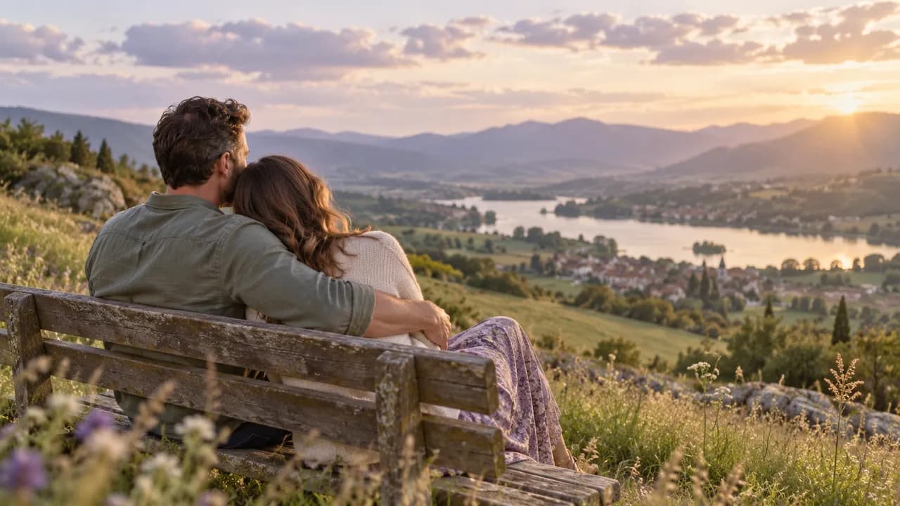Un couple assis côte à côte sur un banc en bois au sommet d'une colline, vu de trois quarts dos, elle pose la tête sur son épaule, une vallée et un lac devant eux en fin d'après-midi