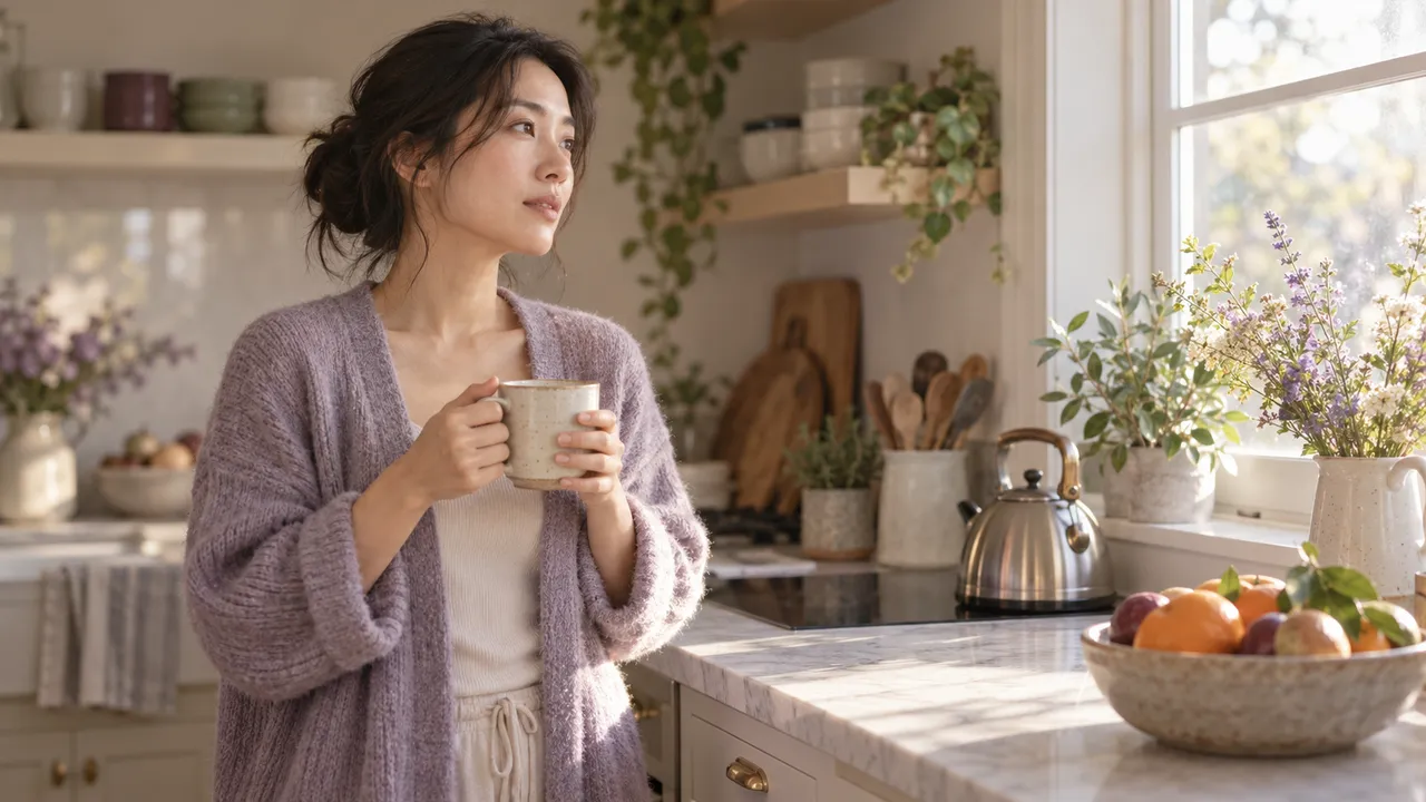 Le matin, dans une cuisine lumineuse, une femme tient une tasse à deux mains près du plan de travail, le regard perdu vers la fenêtre, une bouilloire et une coupe de fruits à côté d'elle
