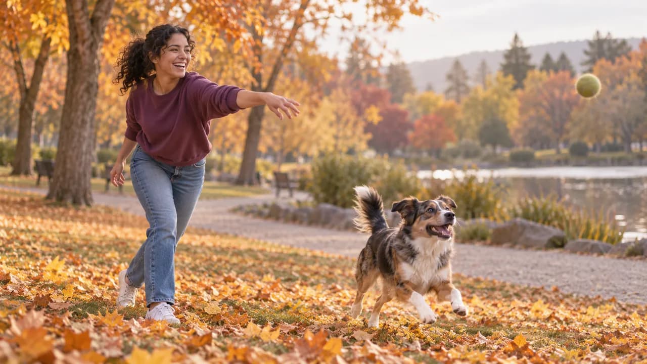 Dans un parc en automne, une jeune femme d'origine latino-américaine aux cheveux bouclés attachés, sweat prune, rit en lançant une balle à son chien au milieu des feuilles mortes