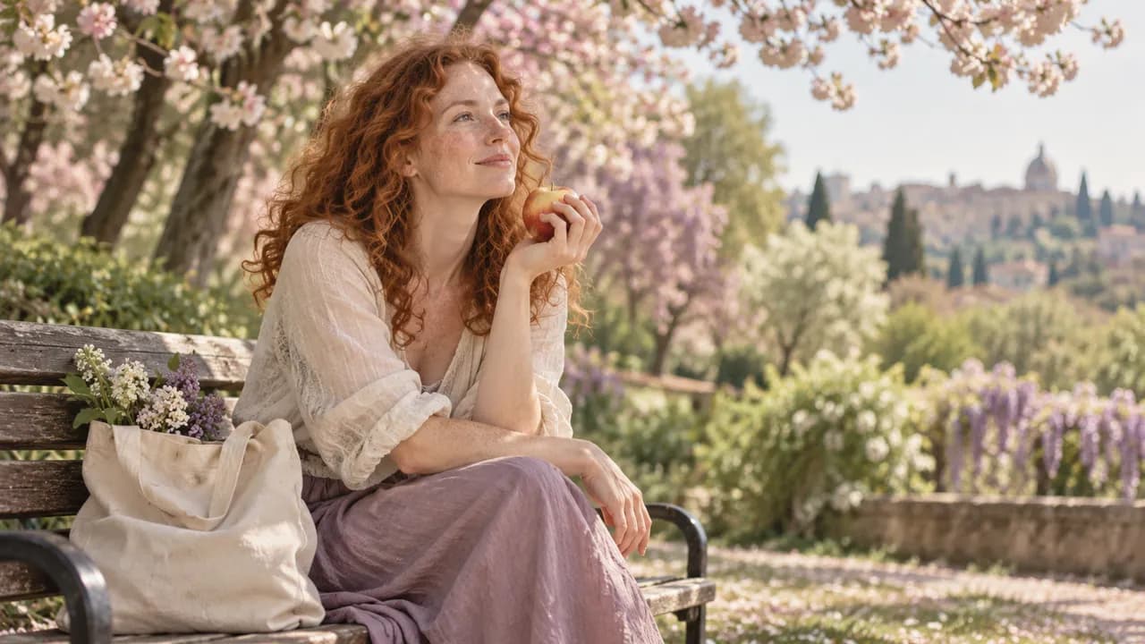 Au printemps, une femme d'une trentaine d'années aux cheveux roux bouclés et aux taches de rousseur est assise sur un banc de parc, une pomme à la main, le regard posé sur les arbres en fleurs, un sac en toile à côté d'elle