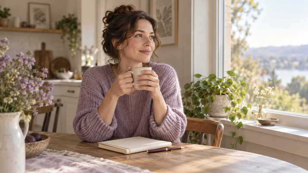 Une femme assise à une table en bois près d'une fenêtre regarde dehors, une tasse dans les mains, un carnet fermé et un stylo posés devant elle