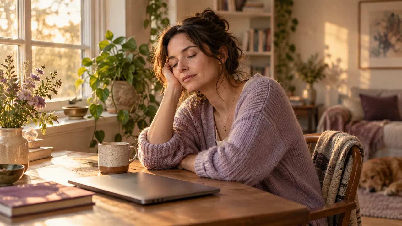 En fin d'après-midi, une femme assise à son bureau appuie sa tête sur sa main et ferme un instant les yeux, un ordinateur portable fermé et une tasse devant elle