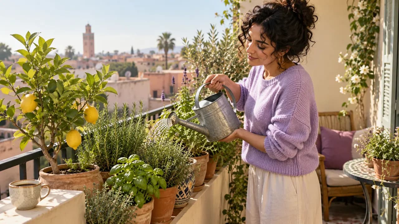 Tôt le matin, sur un petit balcon ensoleillé, une jeune femme aux cheveux bouclés en pull lilas arrose des herbes aromatiques et un citronnier avec un arrosoir en zinc, une tasse de café posée sur le rebord