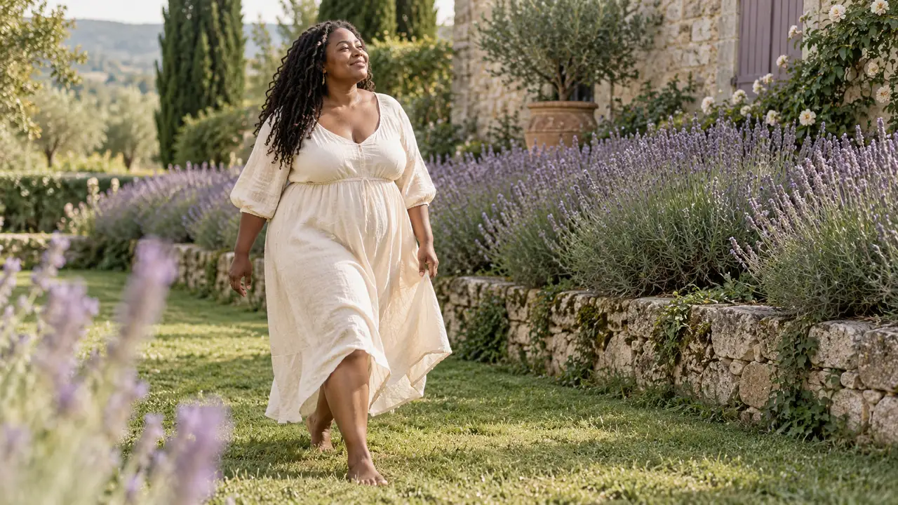 Une femme d'une quarantaine d'années aux formes rondes marche pieds nus dans l'herbe d'un jardin, en robe de lin crème, le visage tourné vers le soleil, des massifs de lavande et un vieux mur de pierre derrière elle