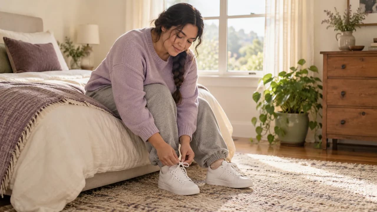 Un matin de week-end, une femme d'une trentaine d'années aux cheveux tressés, assise au bord de son lit en pull ample et pantalon de jogging, lace ses baskets, une fenêtre lumineuse derrière elle