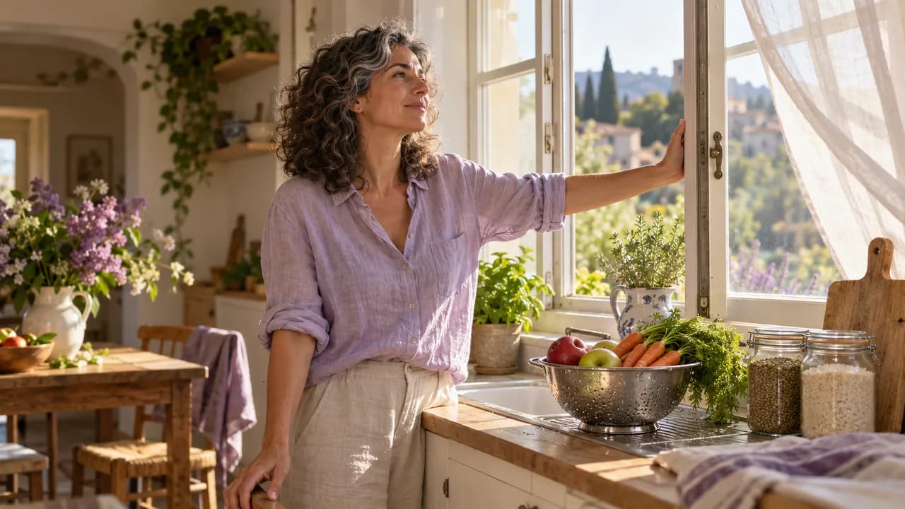 Une femme d'une quarantaine d'années aux cheveux bouclés grisonnants ouvre en grand la fenêtre de sa cuisine un matin, des pommes et des carottes fraîchement lavées égouttent dans une passoire près de l'évier, à côté de bocaux en verre remplis de lentilles