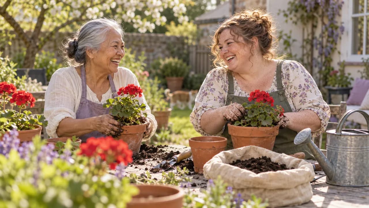 Un après-midi de printemps, deux amies d'une soixantaine et d'une quarantaine d'années rient en rempotant des fleurs sur une table de jardin, les mains dans le terreau, des pots de géraniums et un arrosoir autour d'elles