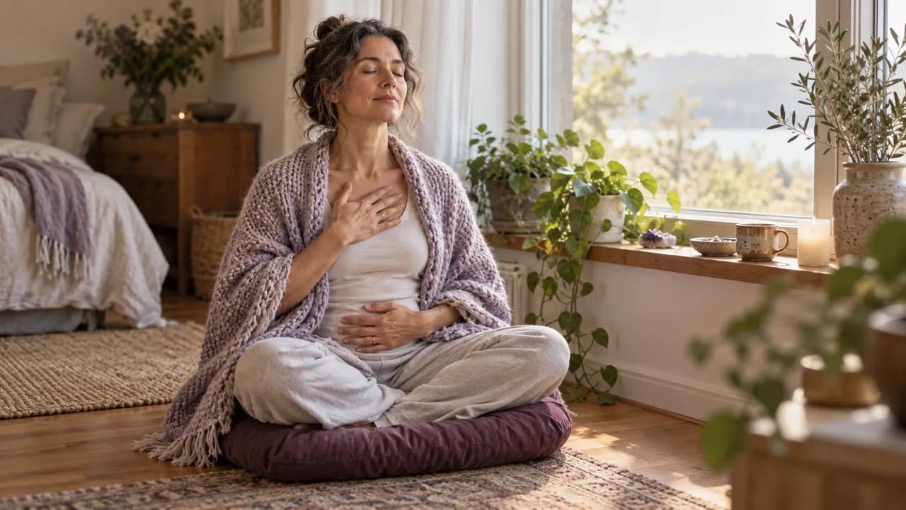Une femme d'une quarantaine d'années assise en tailleur sur un coussin prune près d'une grande fenêtre, les yeux fermés, une main sur le ventre et l'autre sur la poitrine, un plaid tricoté sur les épaules
