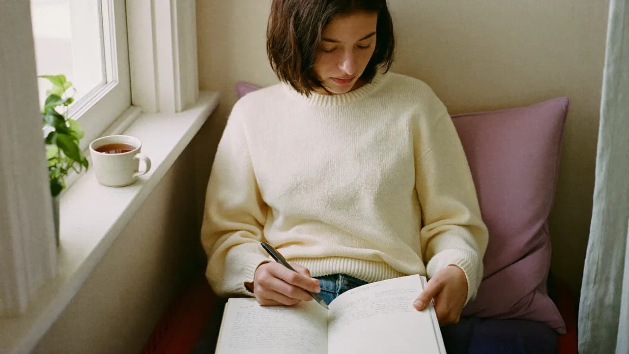 Une jeune femme assise près d'une fenêtre consulte un petit agenda papier ouvert sur ses genoux, une tasse posée à côté d'elle