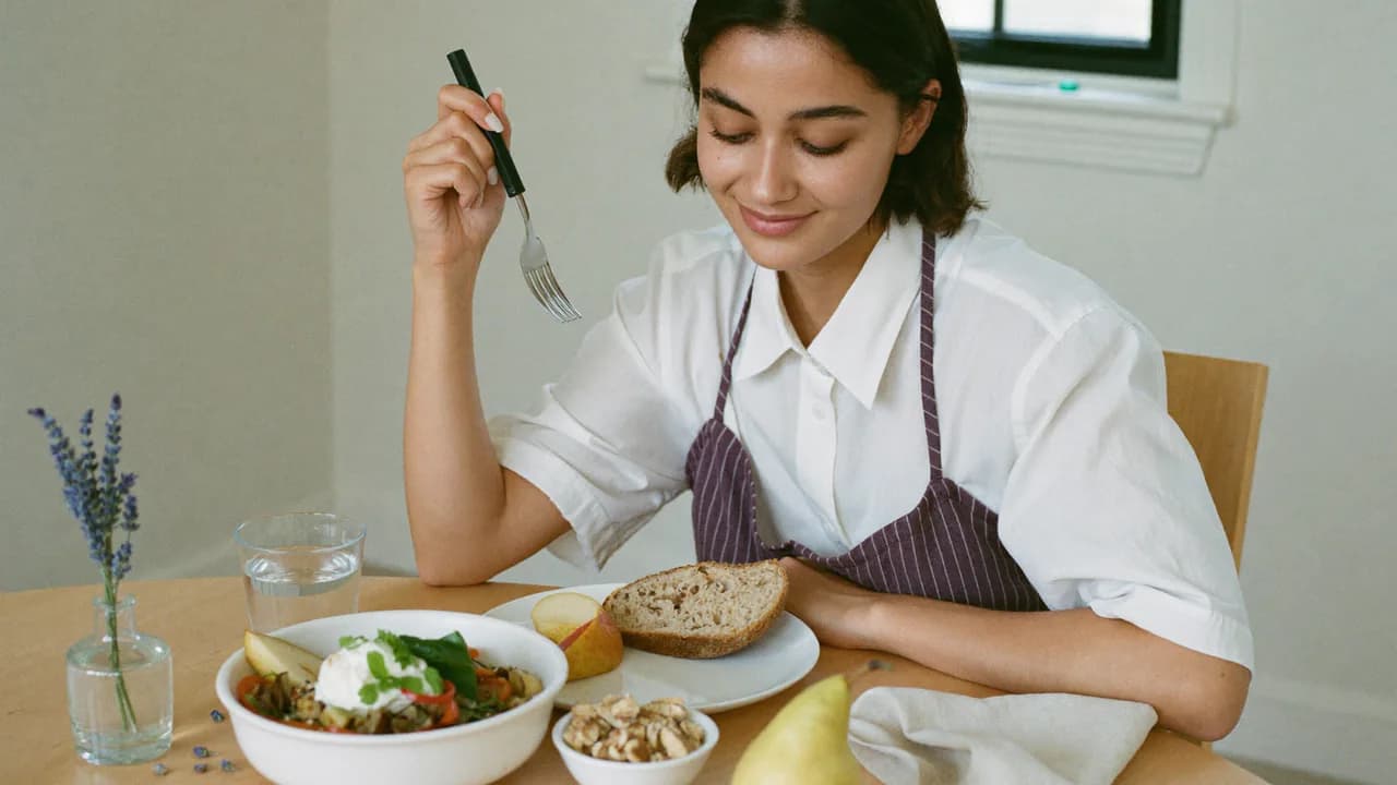Une jeune femme sourit en déjeunant à une table de cuisine : salade de lentilles aux légumes, pain complet, noix, poire et verre d'eau