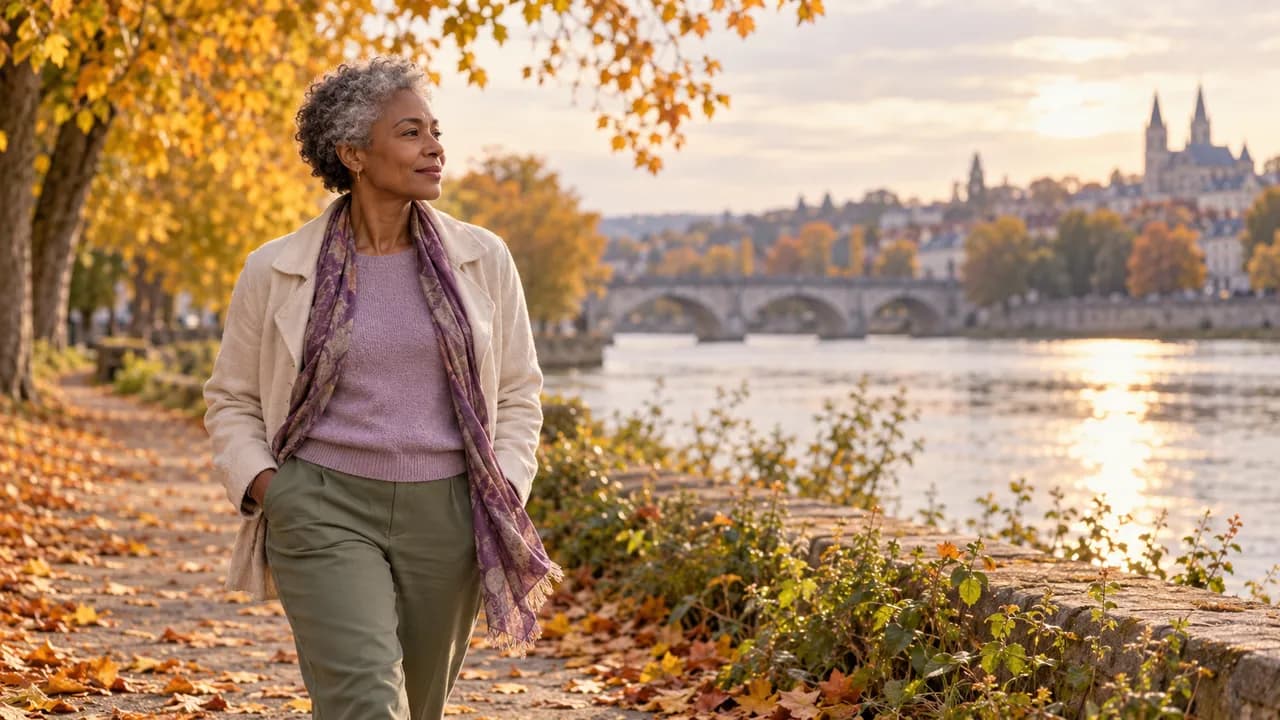En fin de journée, une femme d'une cinquantaine d'années aux cheveux gris courts marche sur un chemin de berge le long d'une rivière, veste légère ouverte, les mains dans les poches, le regard posé sur l'eau, des arbres aux feuilles dorées autour d'elle