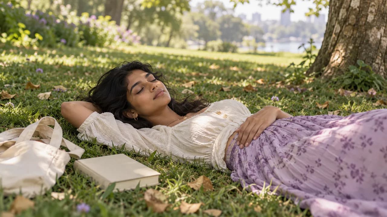 Une jeune femme allongée sur le dos dans l'herbe d'un parc à la fin de l'été, les yeux fermés, un bras sous la tête, un livre fermé et un sac en toile posés à côté d'elle, à l'ombre d'un arbre