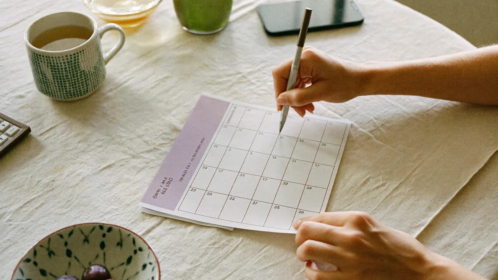 Vue de dessus des mains d'une femme qui coche une date sur un calendrier papier, une tasse de thé à côté