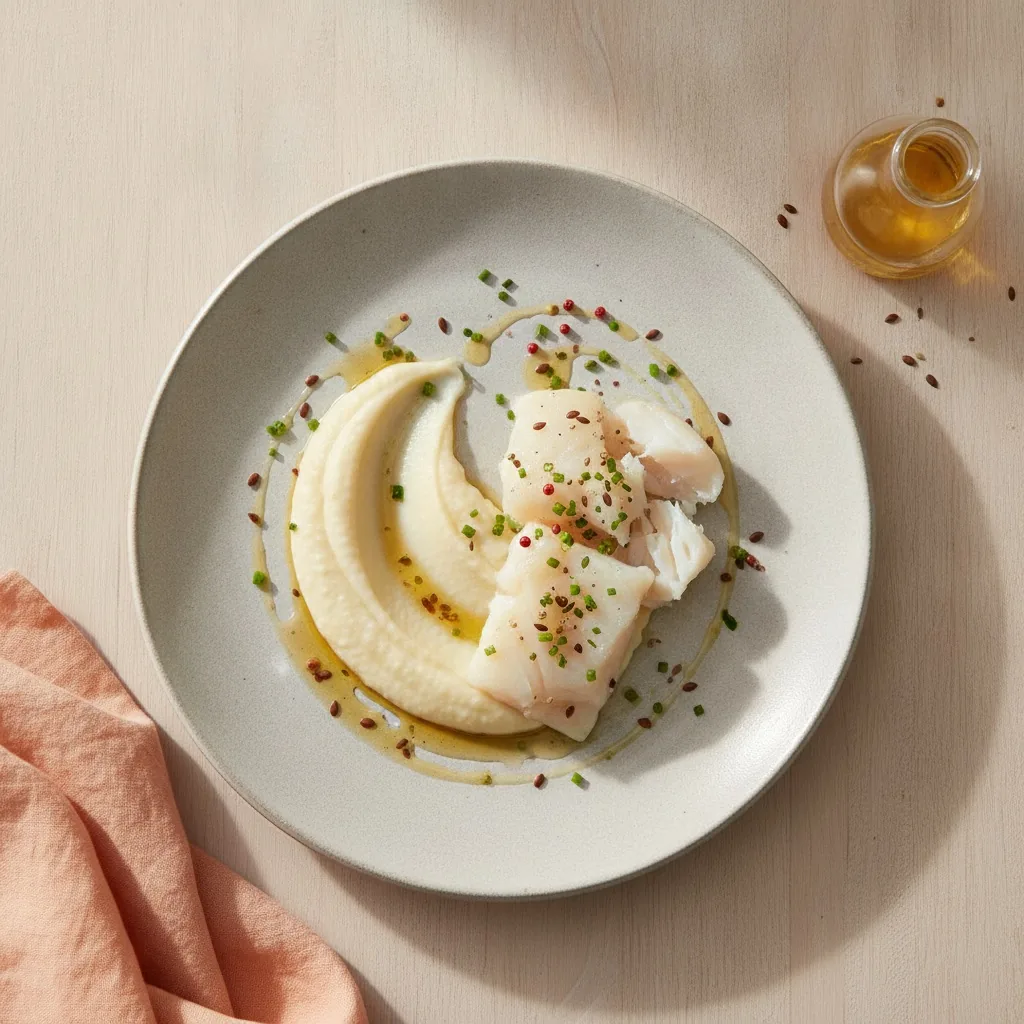 Cabillaud vapeur, purée de chou-fleur et huile de lin
