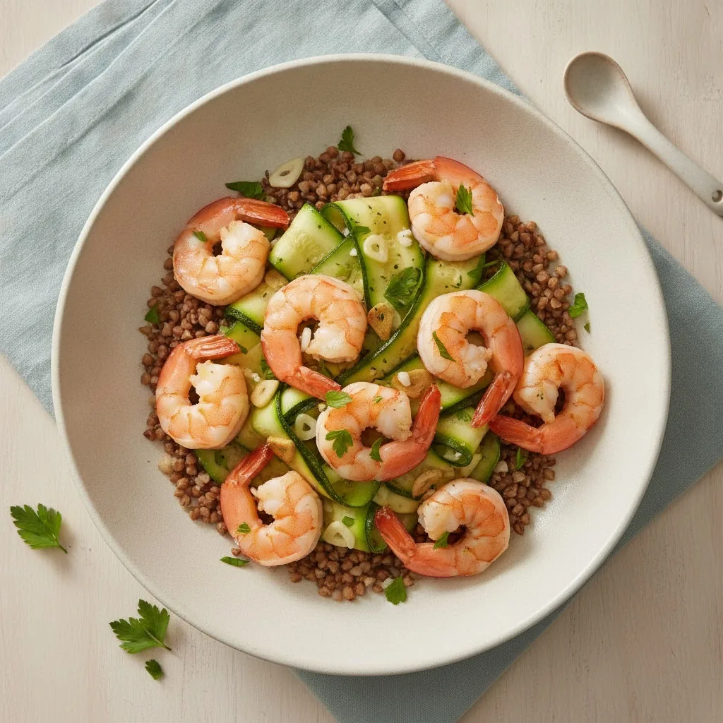 Crevettes, courgettes, ail et persil, sarrasin
