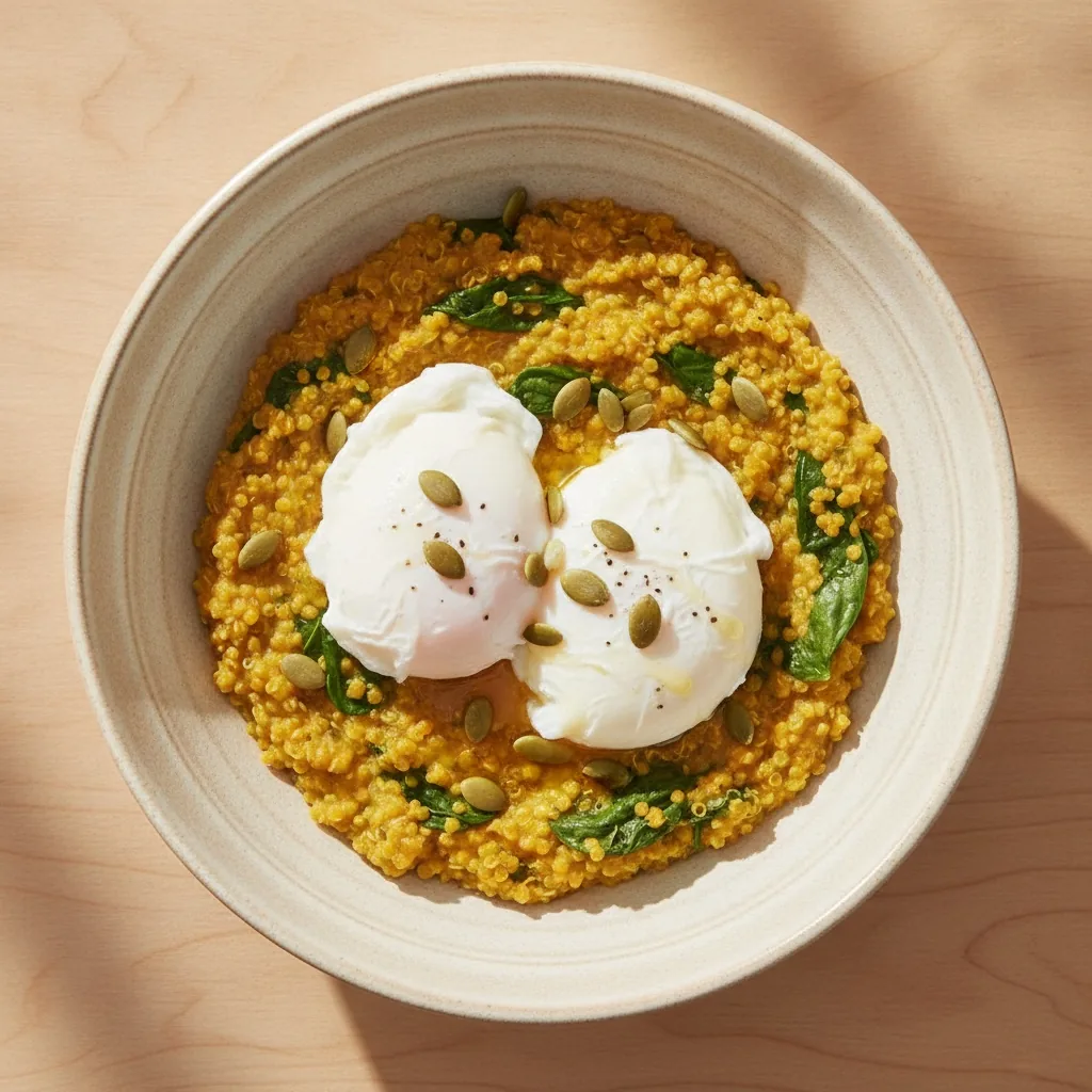 Porridge salé de quinoa, œufs pochés et curcuma