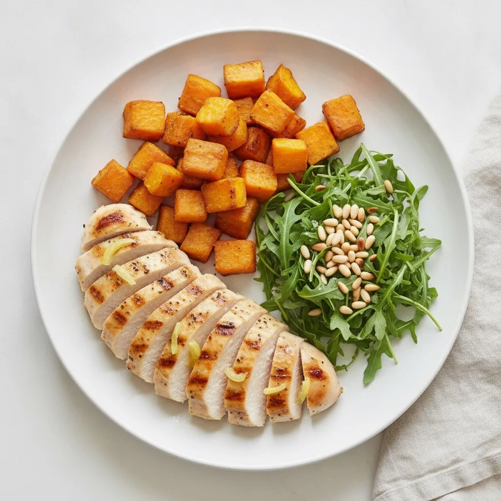Poulet mariné citron-origan, patate douce rôtie et roquette