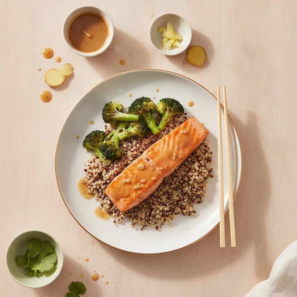 Saumon rôti miso-gingembre, quinoa et brocoli